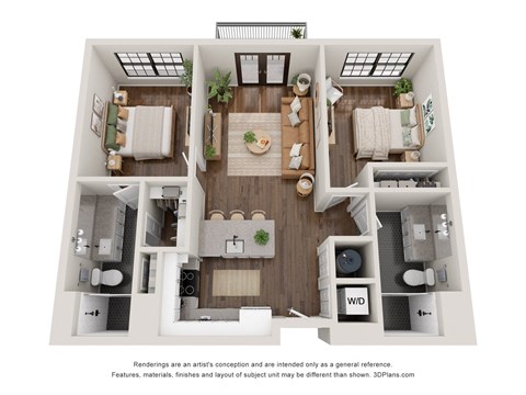 A 3D floor plan of a house with a kitchen, living room, dining room, and bathrooms.